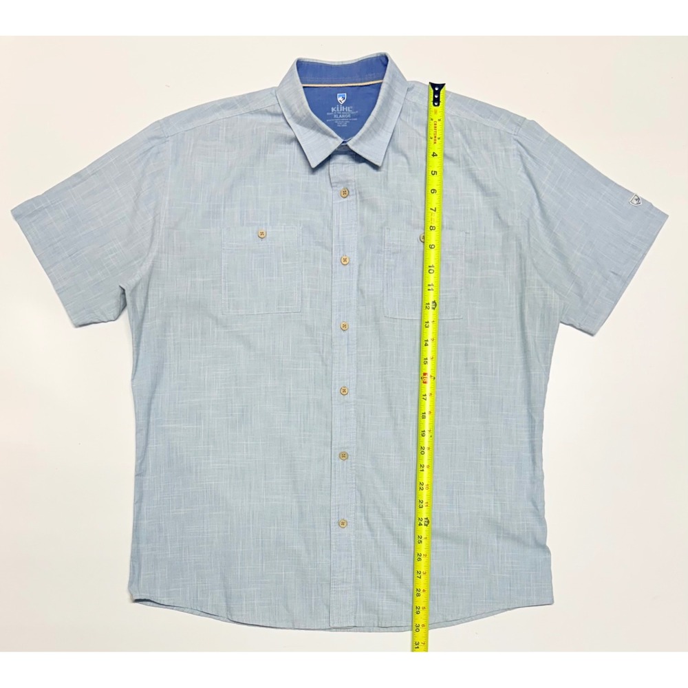 Kuhl Mens XL Blue Crosshatch Short Sleeve Button Down Shirt Hiking Casual